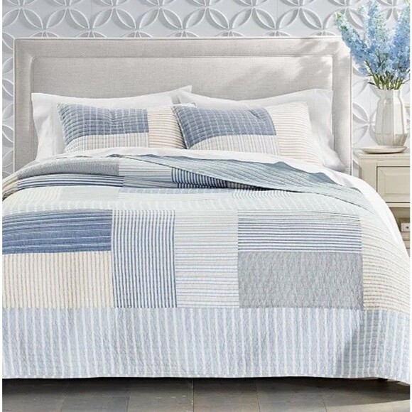 Charter Club Seaside Stripe Patchwork FULL / QUEEN Cotton Quilt ONLY Blue